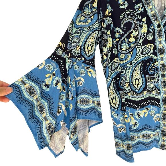 Boston Proper Border Print Flare Sleeve Blouse L Blue Paisley - Picture 4 of 6